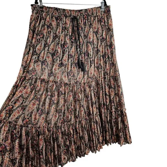 ZARA New Paisley Floral Print Metallic Boho Tiered Full Black Midi Skirt - Picture 5 of 13